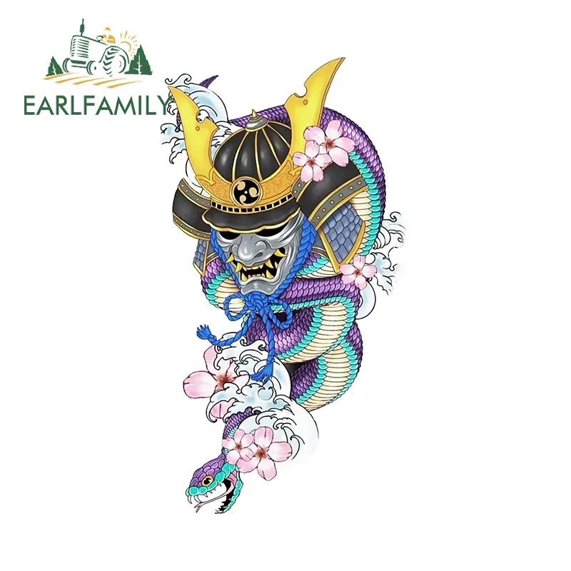EARLFAMILY 13cm X 7.2cm Japanese Samurai Snake Car Sticker Interesting Monster Mask Car Gadget Decal Creative Refrigerator Decor