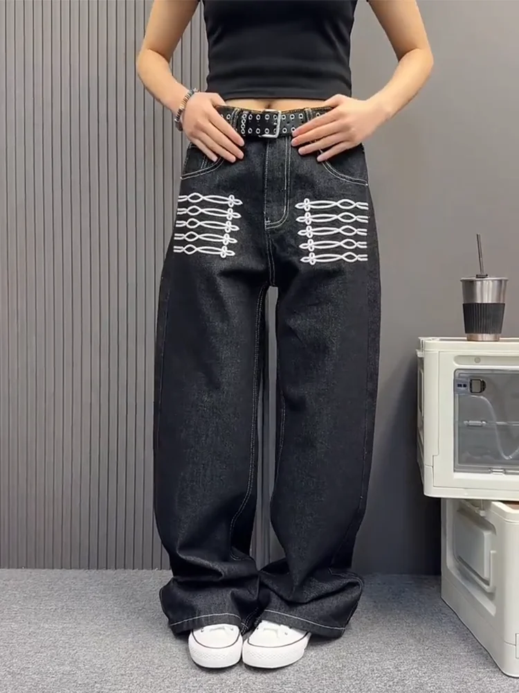 High Waist Straight Leg Denim Jeans Women's New Style Large Size Comfortable Loose Fit Wide Leg Pants American Design Embroid...