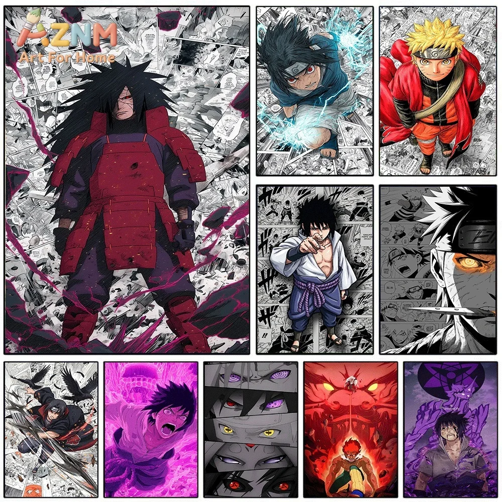 AZNM Uchiha Madara Red Armor Comic Debris Canvas Wall Print, Naruto Anime Manga Purple Energy Surround Character Graphic Art P