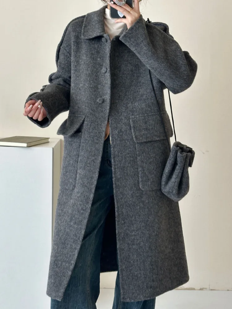 ZMEENNA Womens Elegant Wool Blend Long Coat Collared Single Breasted Warm Winter Outerwear Stylish Loose Fit Casual ZM3475