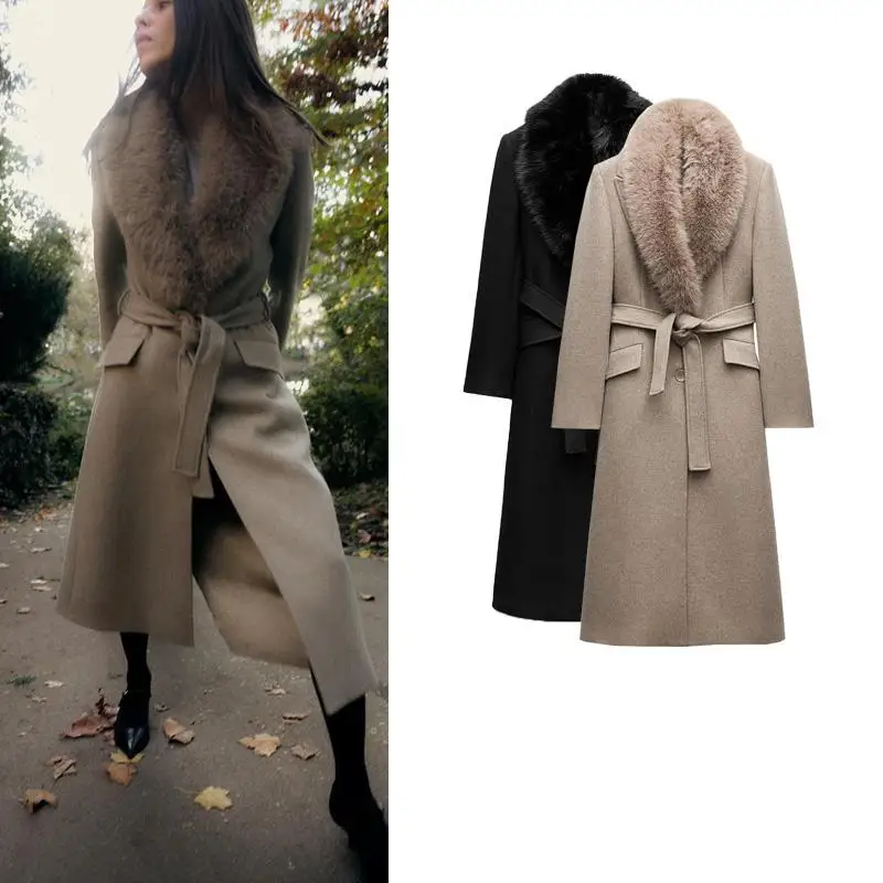 

Новое поступление: Женское шерстяное пальто с длинными рукавами, меховым воротником и поясом, для повседневной носки, из полиэфирного волокна