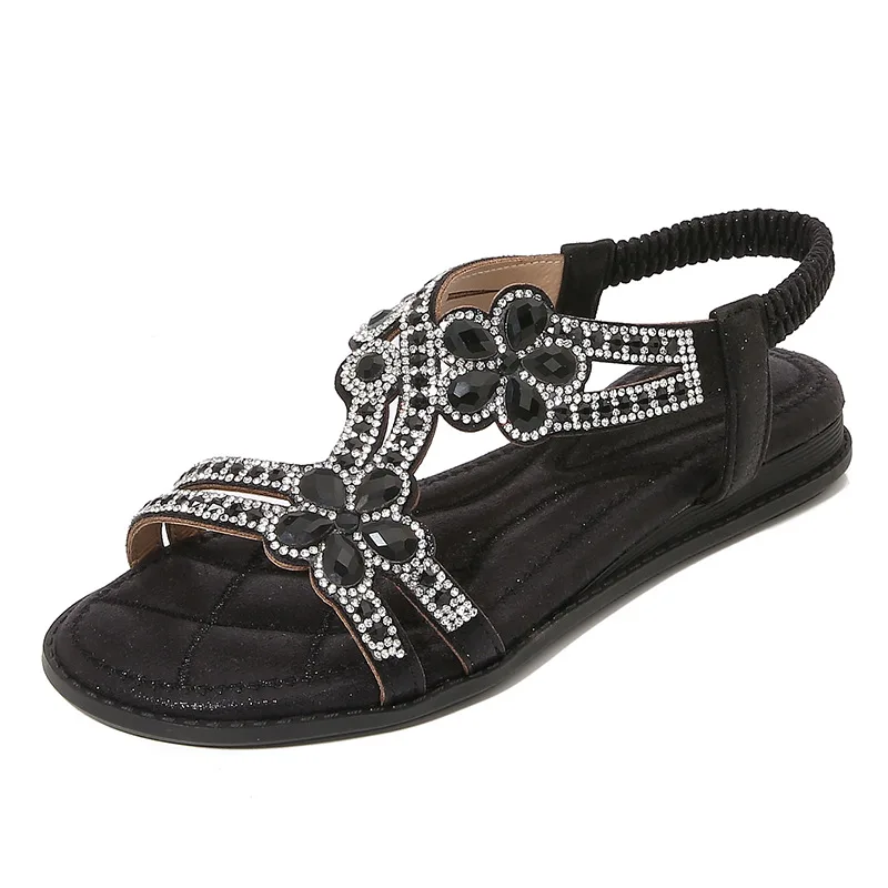 Women Flat Rhinestone Sandals Bohemian Sandals Summer New Non Slip BeachElastic Low Heels Roman Sandals