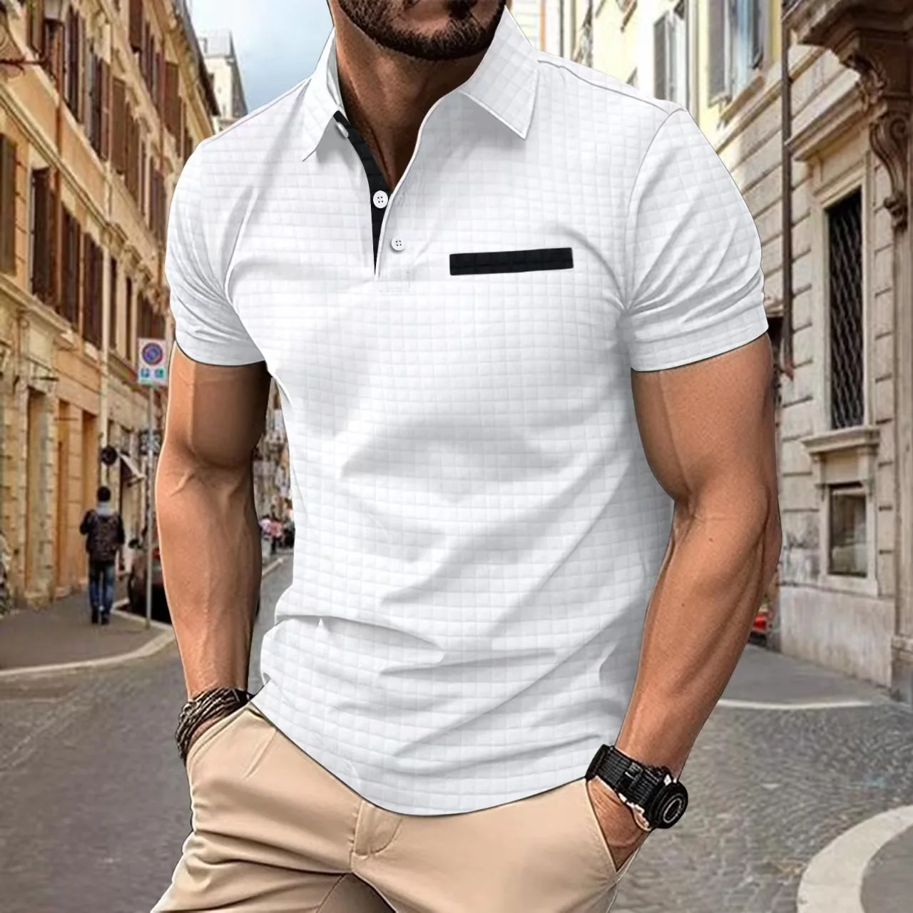 Euro-american 2024 summer POLO shirt with jacquard check lapel Men\'s sports fitness trend short sleeve T blood