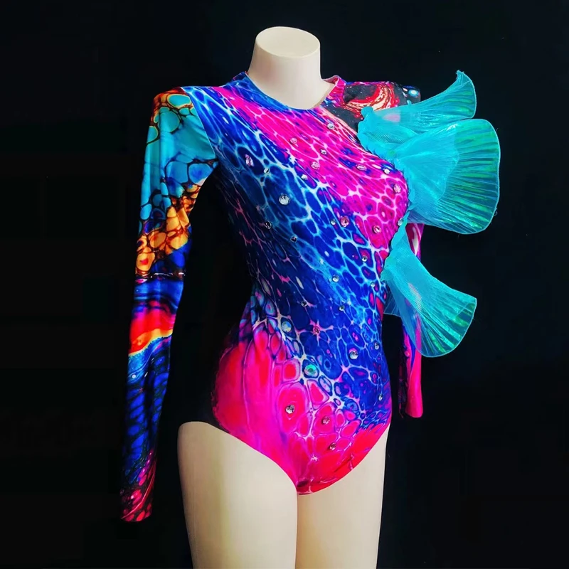 Blue Pink Leopard Rhinestones Bodysuit Bar Nightclub Dj Ds Pole Dance Clothing Women Gogo Costumes Stage Rave Outfits XS5294