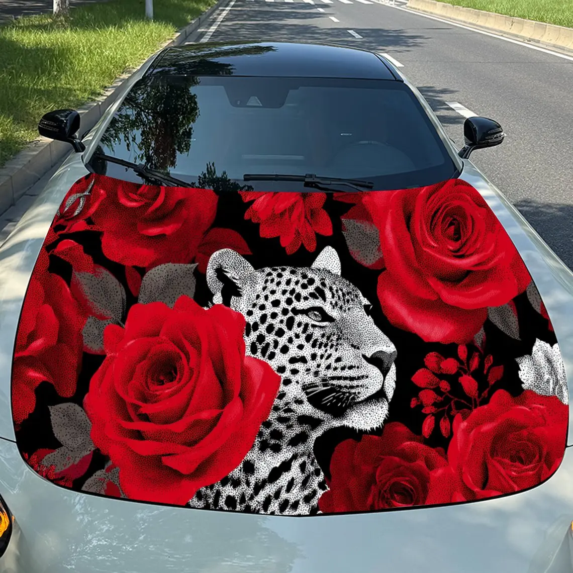 

Car Decal Leopard Amidst Red Roses in Floral Background & Artistic, Bold-Romantic Visual Details Car Hood Sticker, Waterproof Se