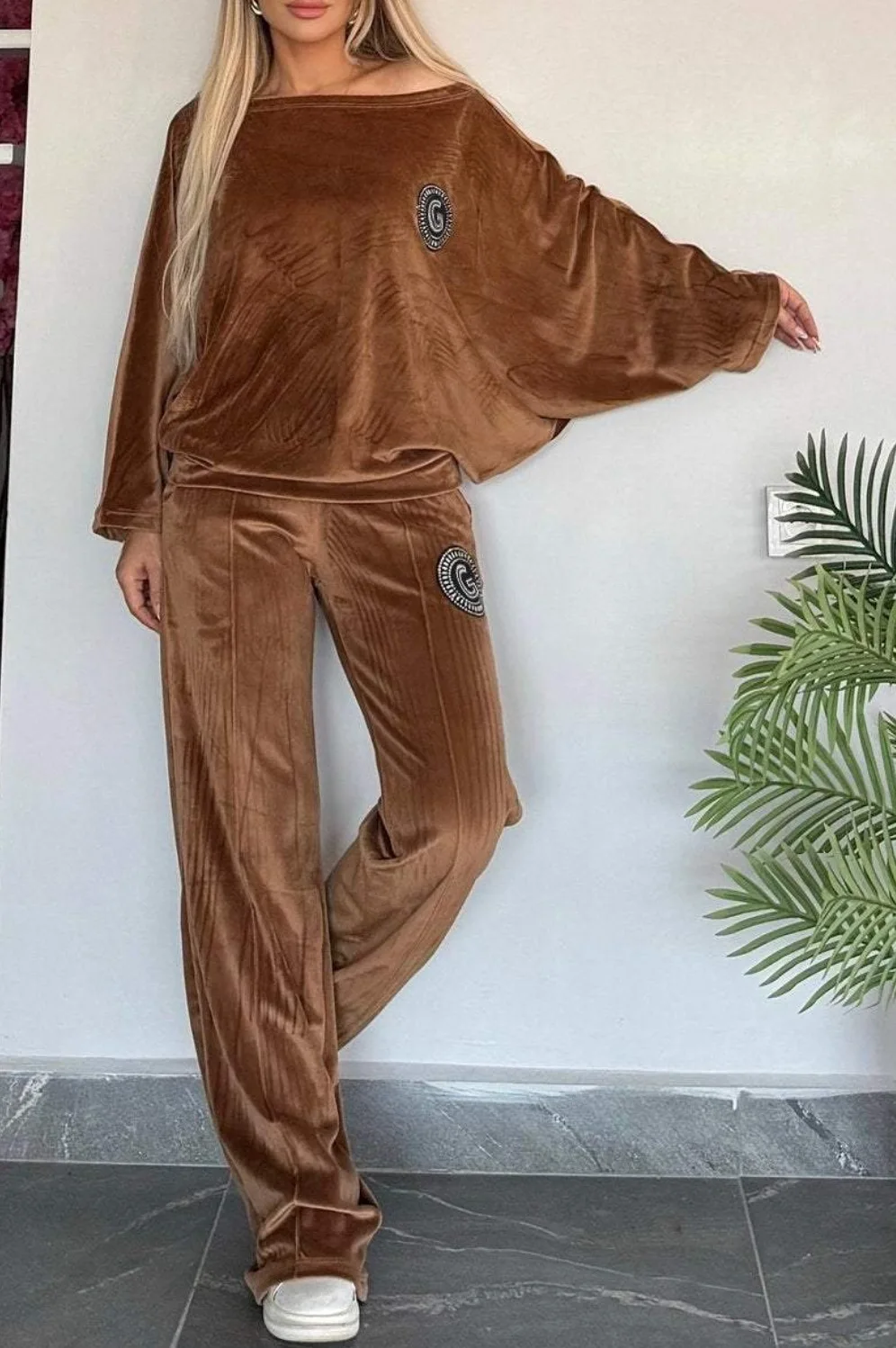 

Women Spring Velvet Solid Color Round Neck 2pcs Women pants Suits 2025 Bat Sleeve Fashion Casual Applique Two piece Sets
