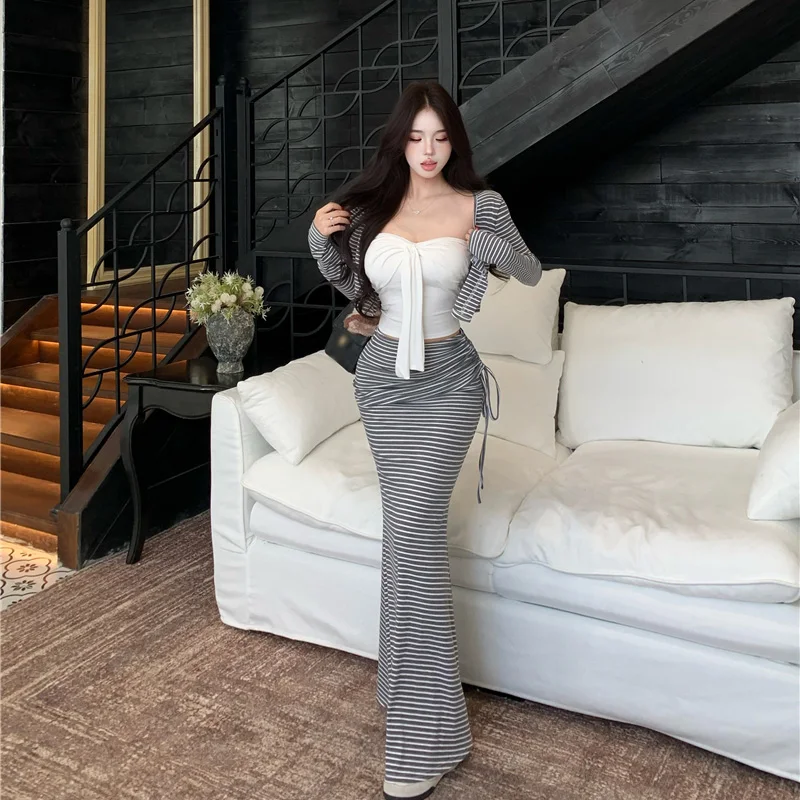 

Autumn 2025 Women's Pure Desire ort Strap Long Sve Open Cardigan Set High Waist Bodycon Skirt Stripe Tee-Piece Set