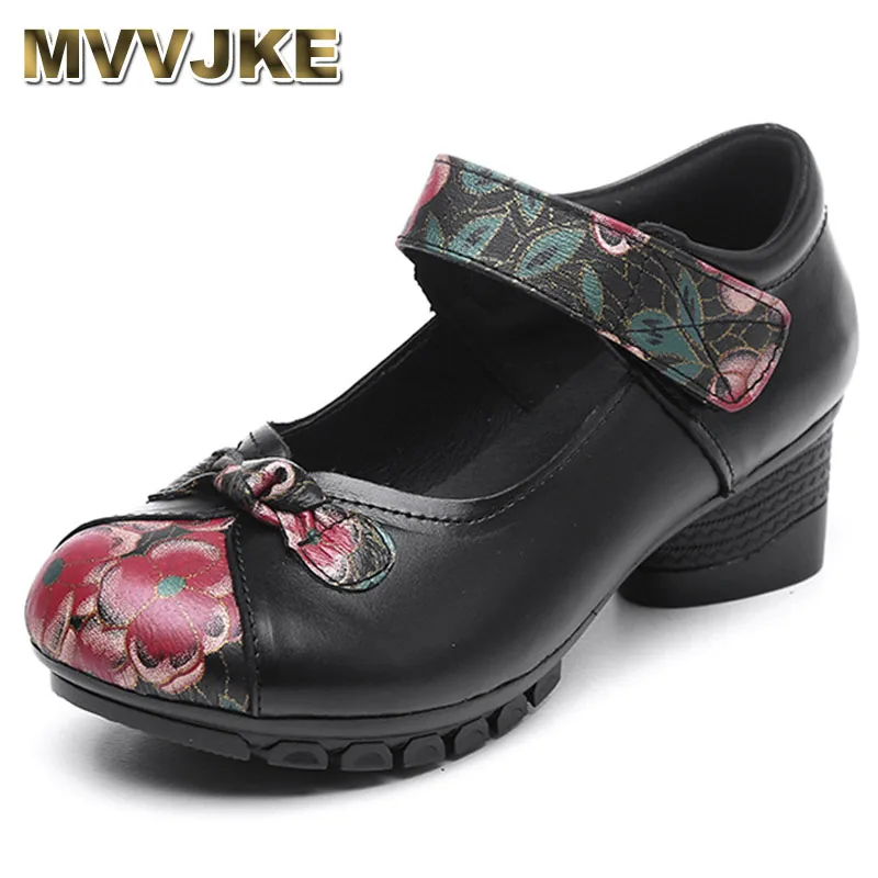 

5cm New Retro Genuine Leather Print Handmade Flower Ethnic Style Hook Shallow Women Block Heel Spring Autumn Summer Shoes