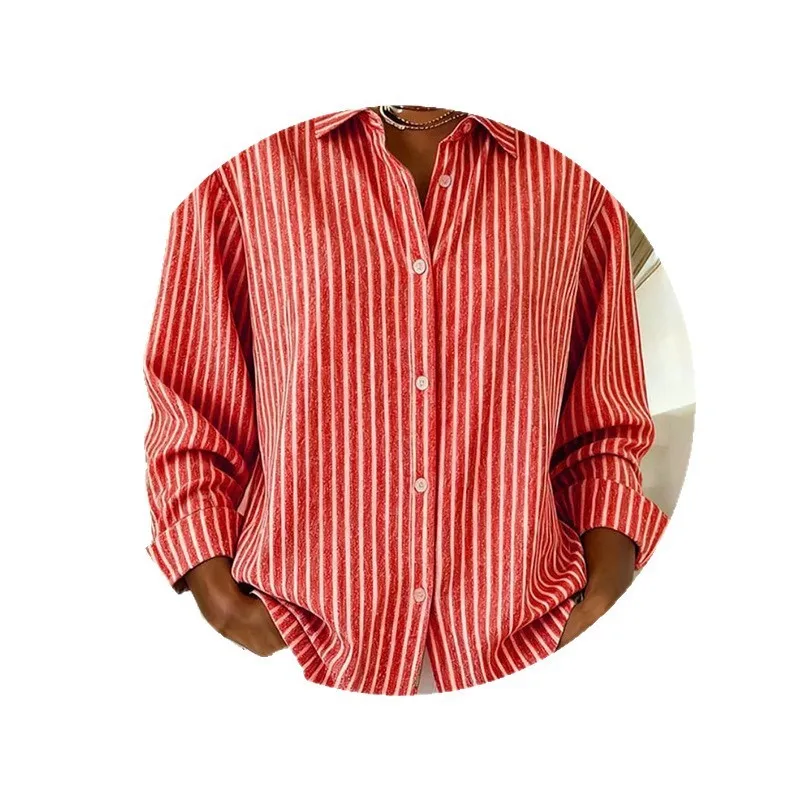 Casual Striped Shirt Regular Fit with Long Sleeve Bohemian 3D Pattern No Stretch Autumn Elegant Commuter Woven Women Blouse
