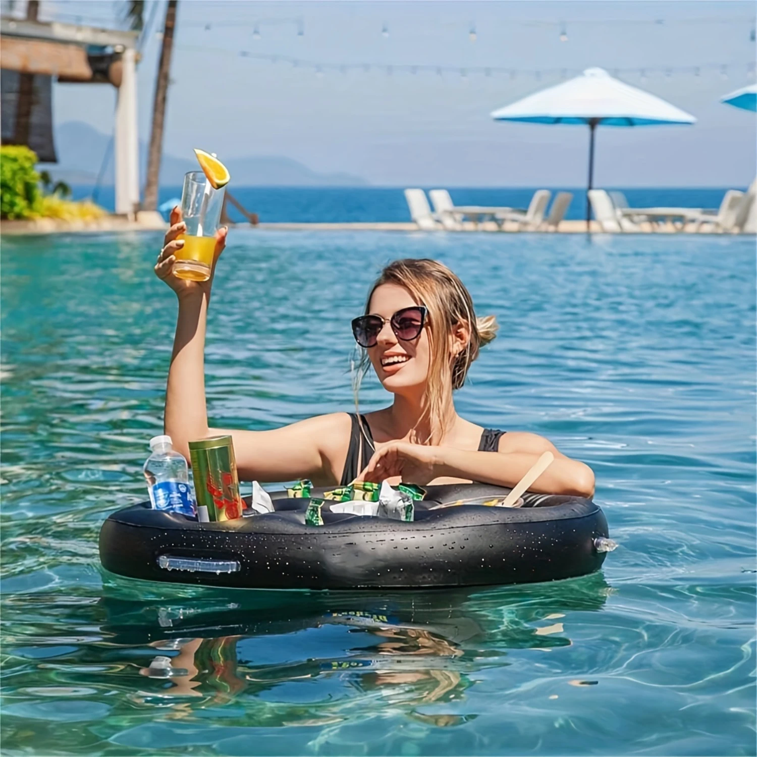 1pc Black Summer Party Bucket Cup Holder Inflatable Pool Floating Beer Cooler Dining Table  Tray Beach Swim Ring Beer Bottle Hol