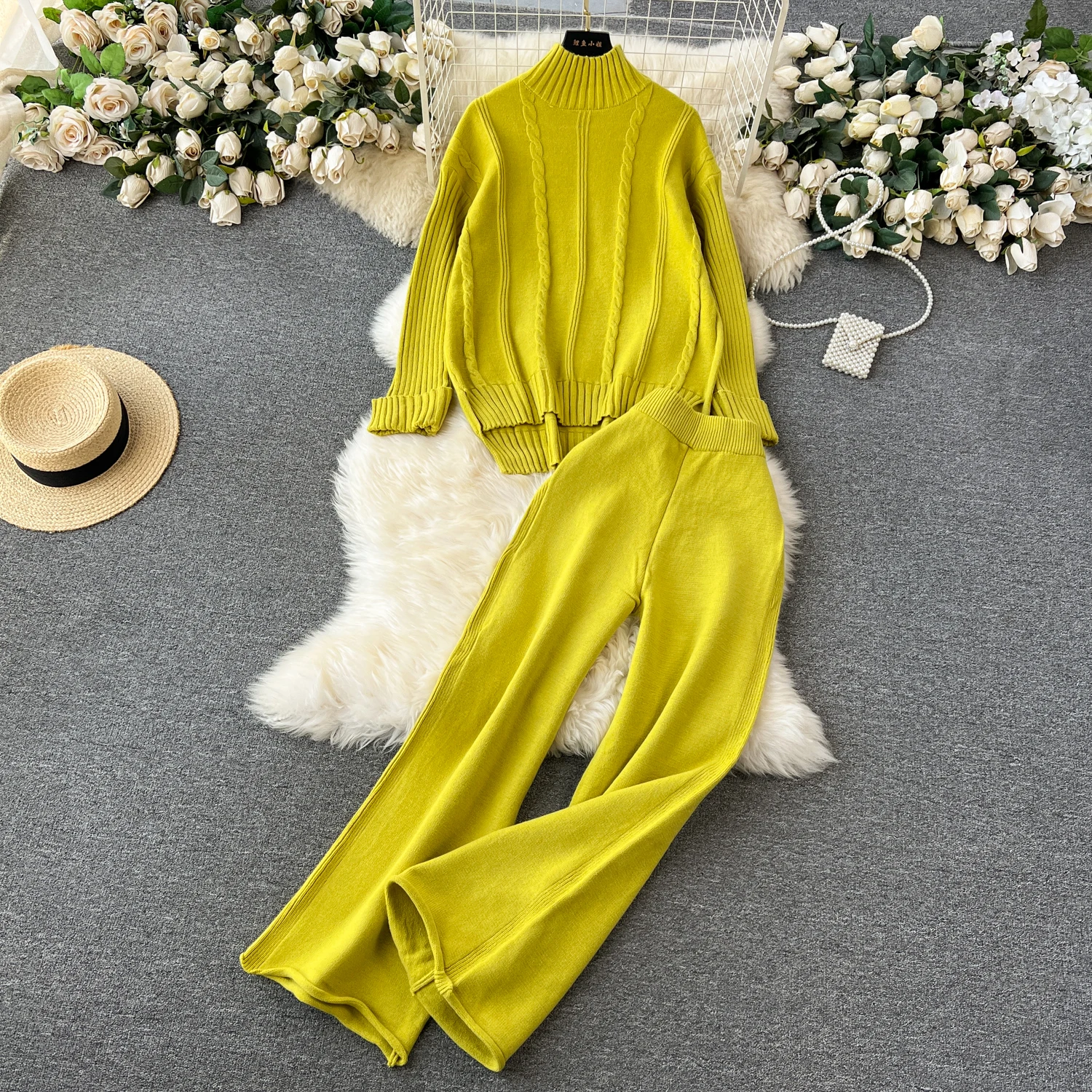 REALEFT Autumn Winter 2 Pieces Women\'s Sets Outfit Knitted Tracksuit Turtleneck Sweater and Straight Jogging Pant Suit 2024 New