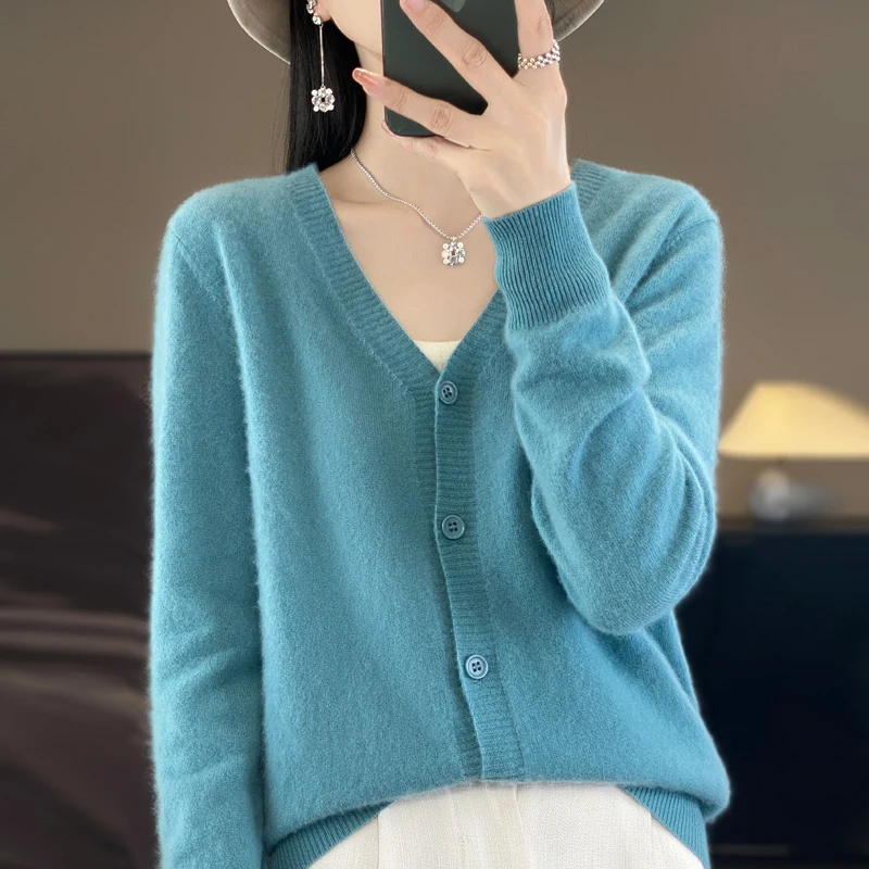 2024 New Spring and Autumn New V-neck Cashmere Cardigan Women Fashion Basic Loose Top Knitted Long Sleeve Female Cardigan