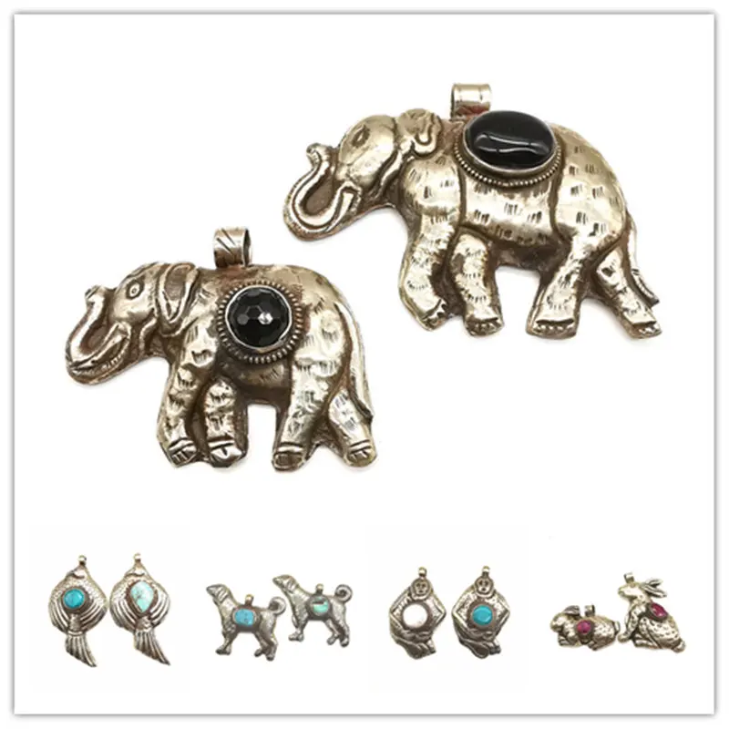 TBP690 Fine Handmade Jewelry Animal Figures Collection Elephant Sheep Bird Fish Big Pendants Copper Inlaid Semi-precious Stone