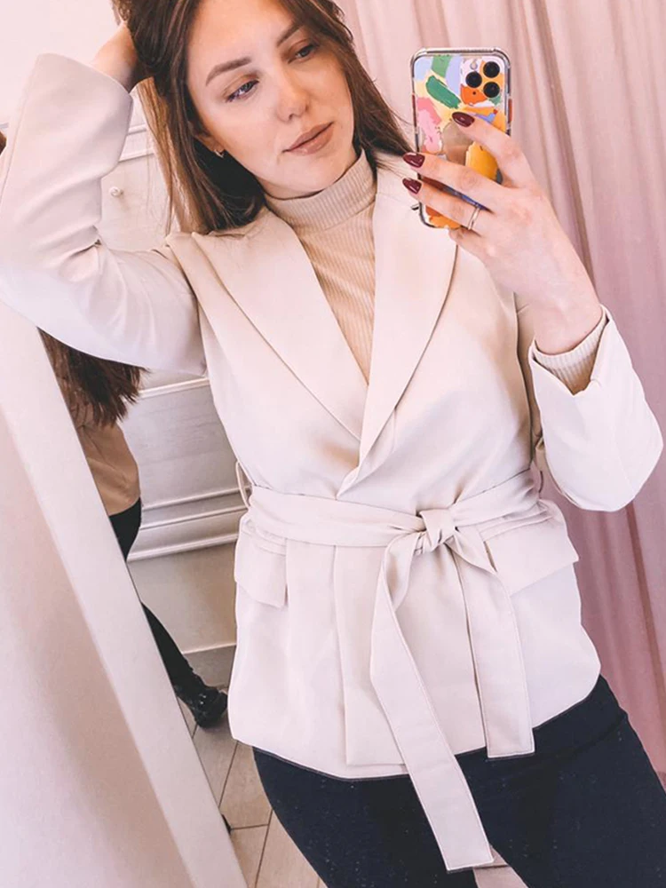 FTLZZ New Office Lady Turn-down Collar Sash Tie Up Blazer Elegant Female Beige Black Long Sleeve Blazer with Belt