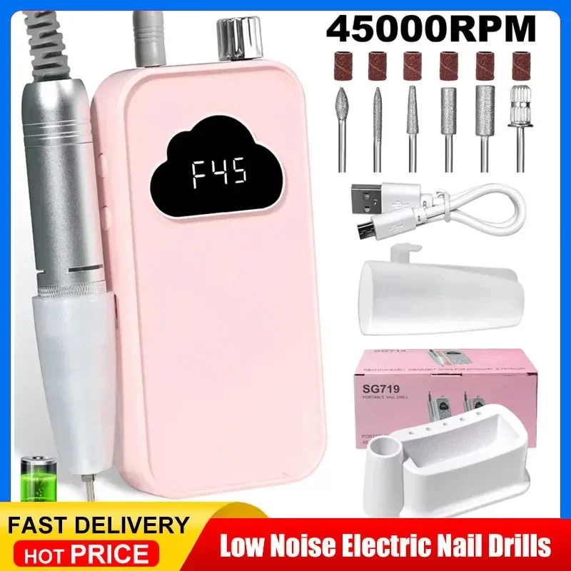 

Профессиональная перезаряжаемая электрическая дрель для ногтей 45000 об/мин, электрическая портативная шлифовальная машинка для ногтей, пилочка для гелевых ногтей, инструмент для полировки салона