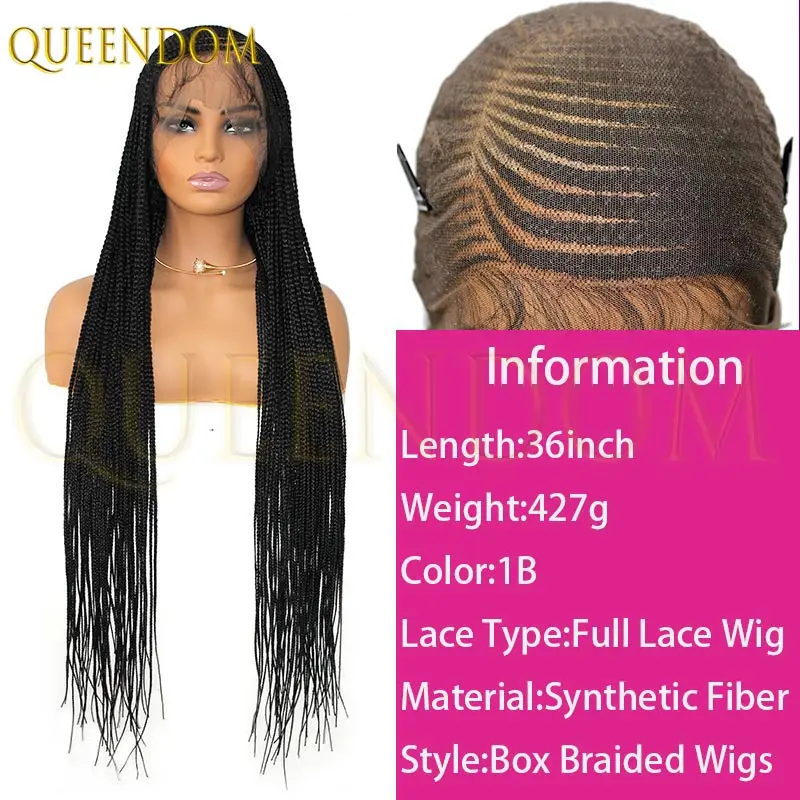 Wig kepang samping 36 inci dengan renda penuh ganda untuk wanita, wig kepang kotak dewi pirang dengan rambut bayi, wig rambut sintetis faux locs