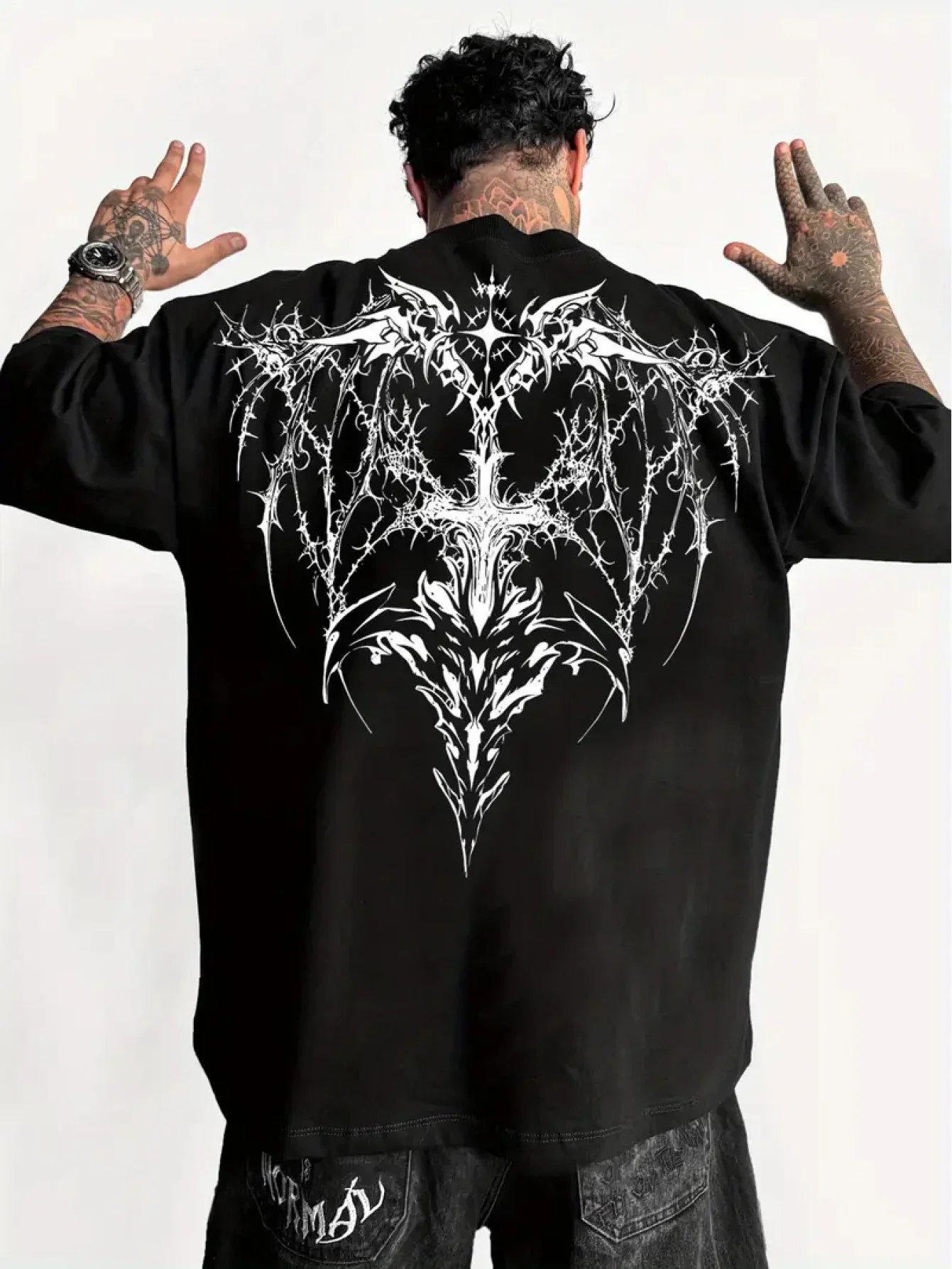 Gothic Thorn Cross Wing Graphic Print 100% Cotton Mens T Shirt for Summer Streetwear and Alternative Vibe