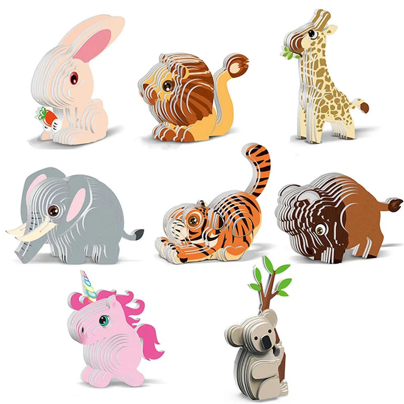 3D DIY Puzzle Animal Theme Lion Tiger Rabbit Model Cartoon Paper Toy Kids Early Learning Assembly Three-dimensional Jigsaw Toy