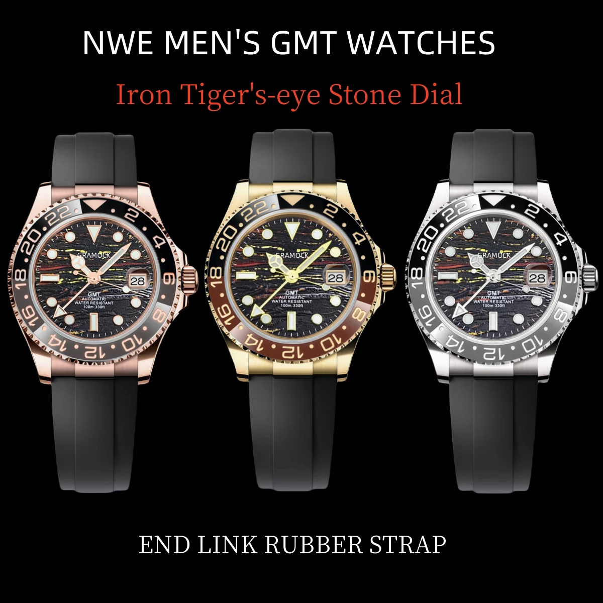 

Мужские автоматические механические часы Gramock NH34 с тигровым глазом, 40 мм, GMT, наручные часы, сапфировое стекло, 100 м, резиновый ремешок для дайвинга