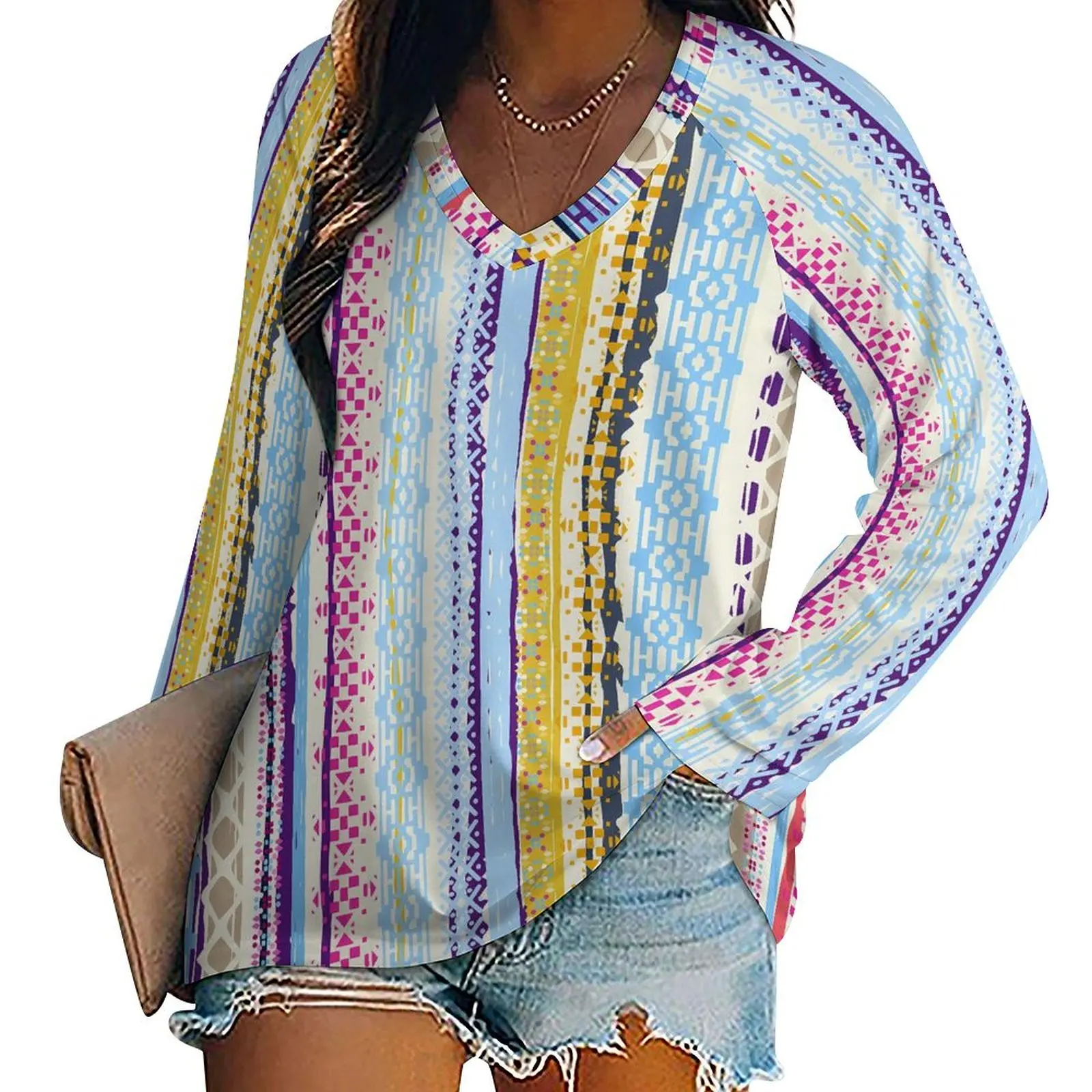 Boho Style Tribal T Shirts Abstract Ethnic Korean Fashion T Shirt Long Sleeve Cute Printed Tees Womens Tops Big Size 4XL 5XL