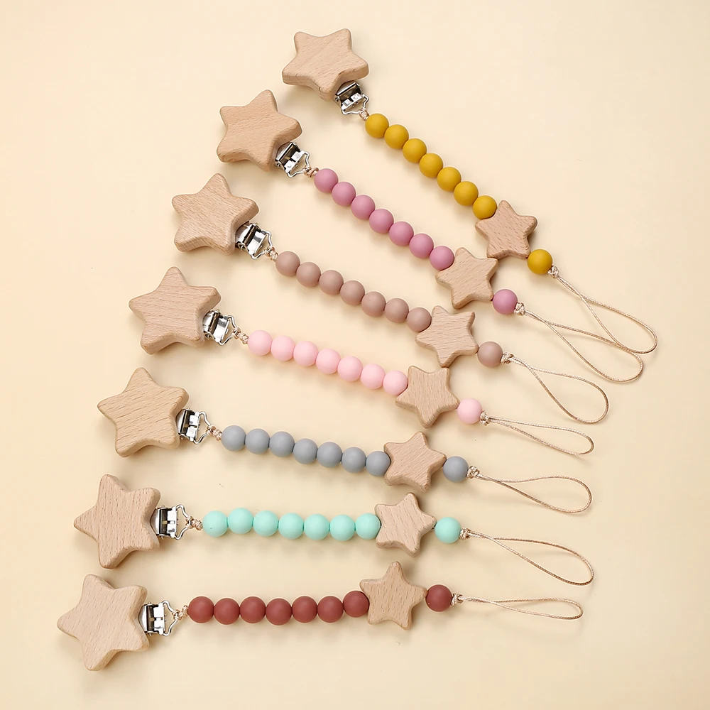 

Beech Baby Pacifier Holder Clip Wood Five-Pointed Star Colorful Silicone Round Teething Chain For Baby Appease Dummy Chain