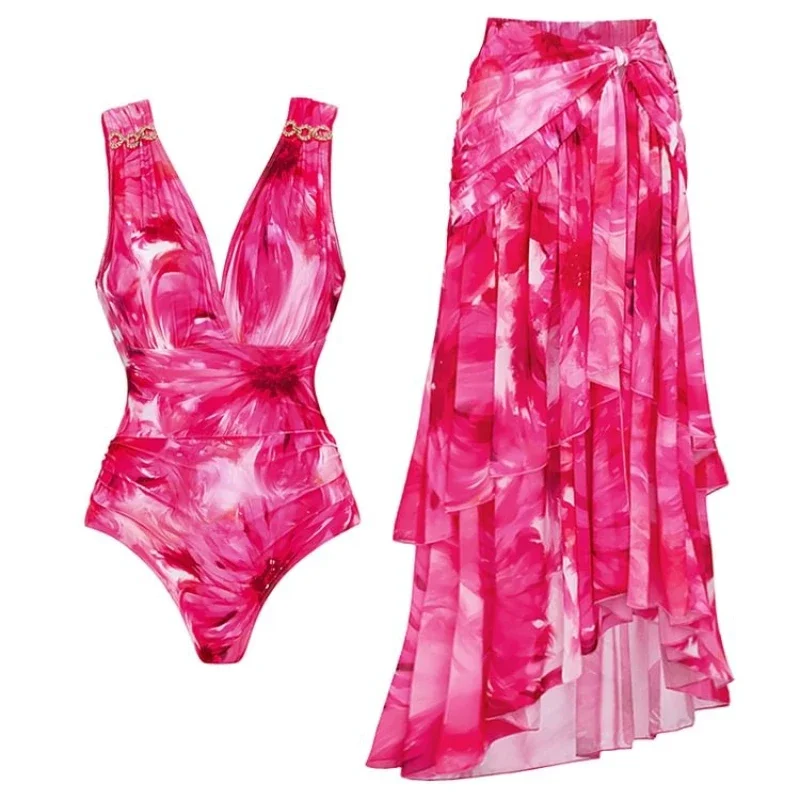 여성 빈티지 꽃 프린트 원피스 수영복과 스커트 2025 Flaxmaker 여름 섹시한 딥 브이 넥 레트로 파티 Beachwear