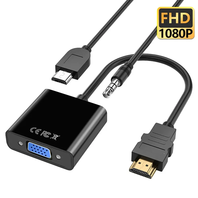 HDMI-compatible To VGA Cable Converter With 3.5 Audio Power Supply Adapter FHD 1080P For Tablet Laptop Desktop PC Projector TV