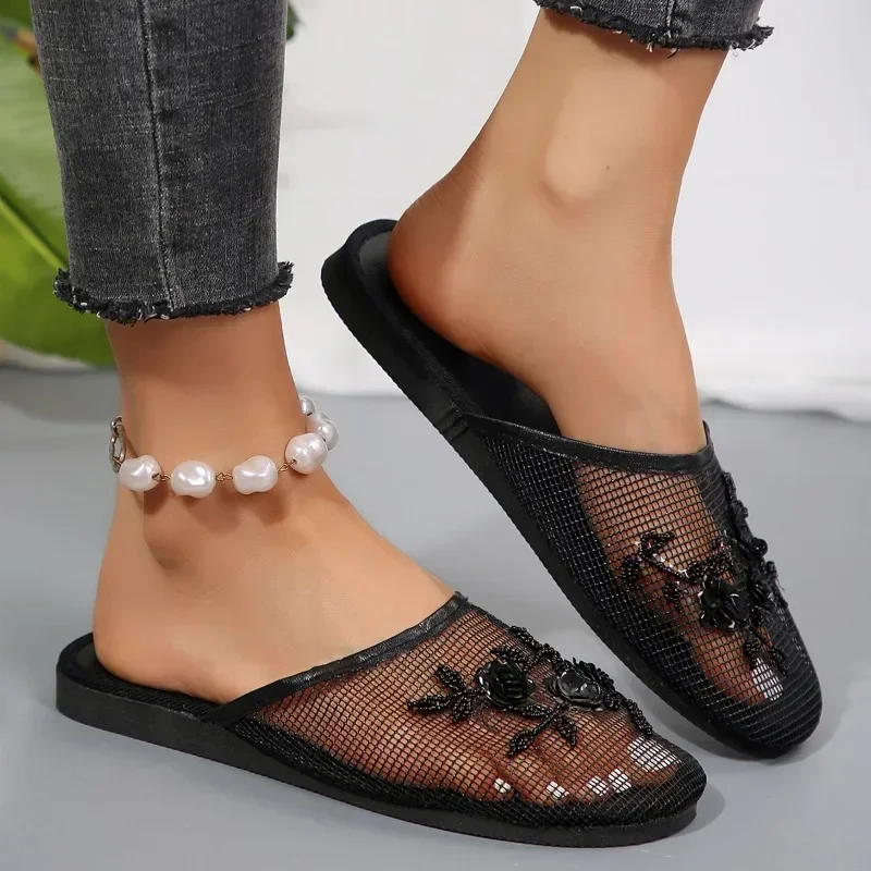 Flat Slippers 2024 Shoes for Women Hot Sale Baotou Women\'s Slippers Fashion Crystal Floral Daily Women New Mesh Slippers Zapatos