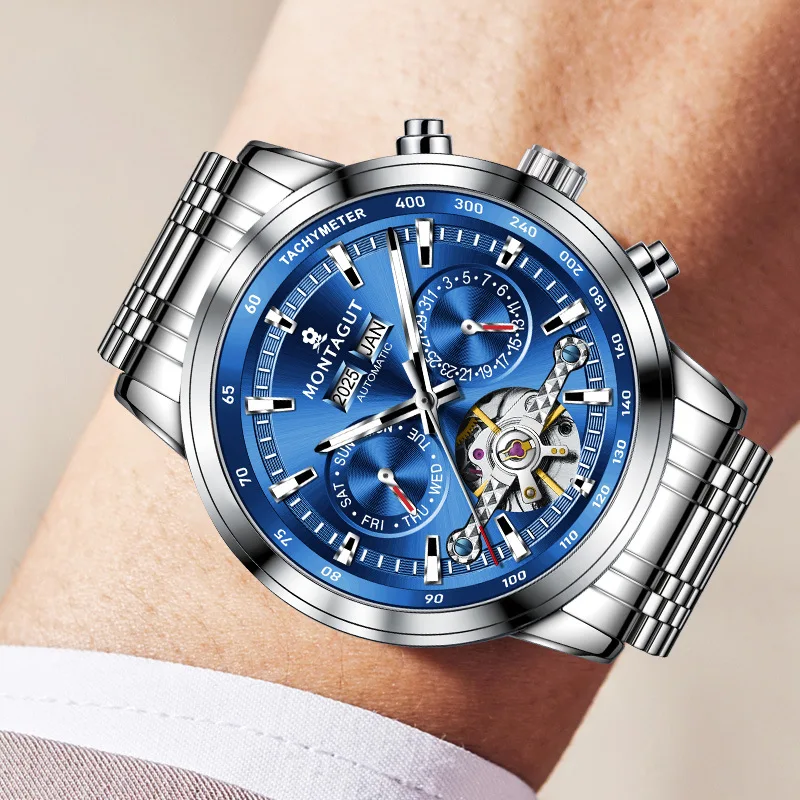 Hollow dial three eye mechanical watch for men, fully automatic mechanical watch, waterproof multifunctional men's watch