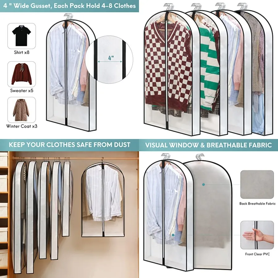 

40" Clear Garment Bags for Hanging Clothes, 4" Gusseted Suit Bags for Closet Storage, Hanging Clothes Storage Suit Cover Bags w