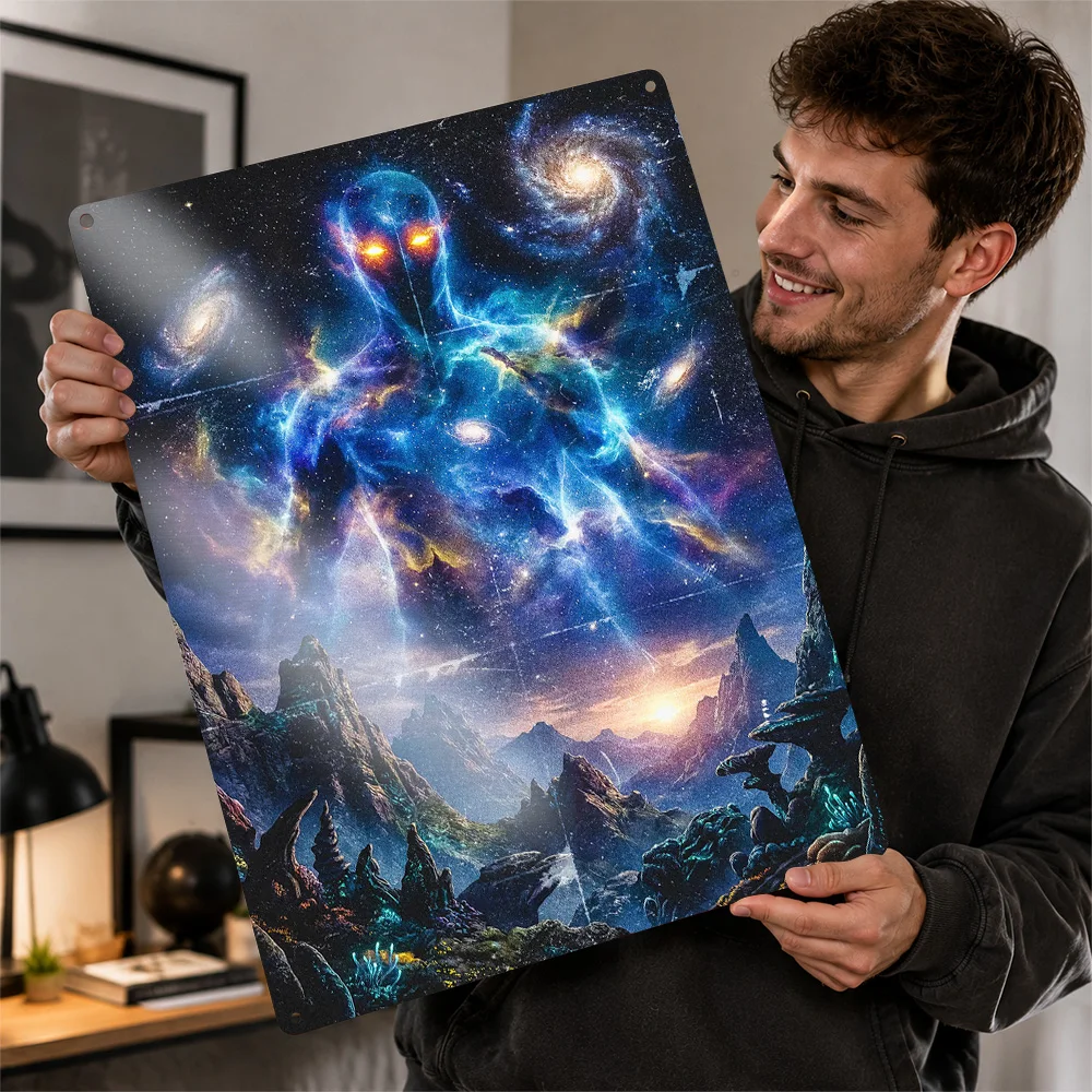 Cosmic Being Over Alien Landscape Personalized 3D Textured Metal Poster Wall Art Tinplate Sign for Bathroom Decor Room Wand Deko