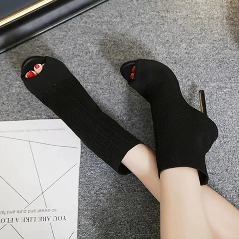 

Ladies Ankle Boots Fashion Peep Toe Stretch Fabric Knitting Small Hole Hollow Out Breathable Dress Women High Heels Dance Shoes
