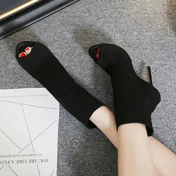 Ladies Ankle Boots Fashion Peep Toe Stretch Fabric Knitting Small Hole Hollow Out Breathable Dress Women High Heels Dance Shoes