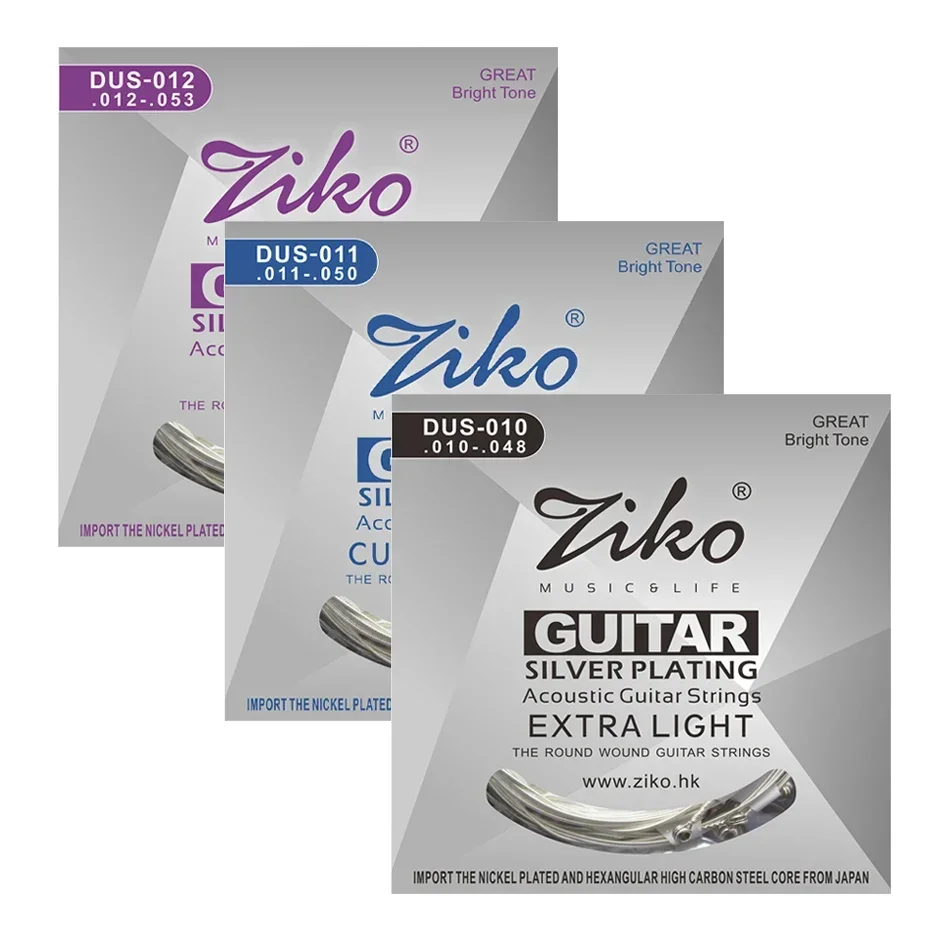 ZIKO DUS Series Acoustic Guitar Strings 010-048 011-052 012-053 Inch Hexagon Carbon Steel Core Silver Plating Wound BUY 3 GET 1