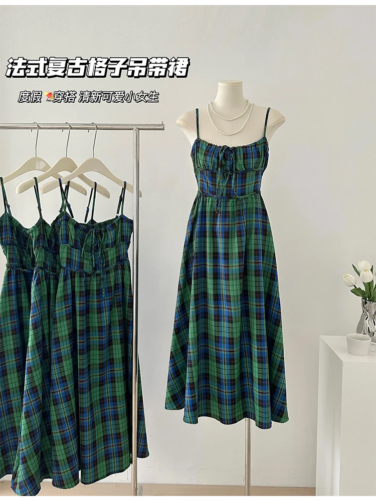 Women's Green Plaid A-line Evening Dress Y2k Vintage Sleeveless Off Shoulder Luxury Dress Elegant One Piece Frocks 2000s Clothes