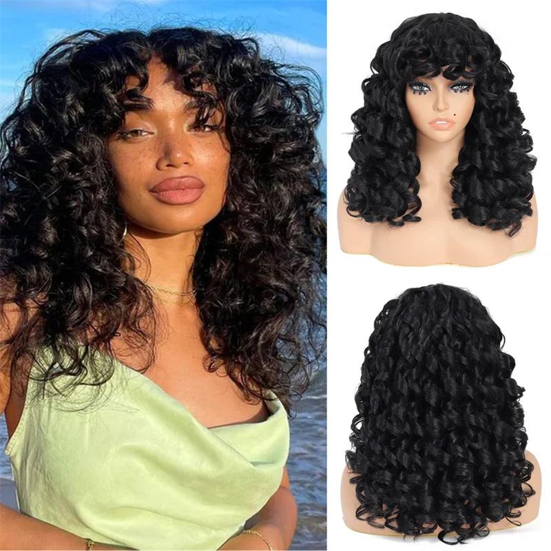 Long Deep Curly Synthetic Hair Replacement Wig  with Bangs Big Curly Wigs for  Black Women 20 Inch Kinky Curly Wig For Daily Use