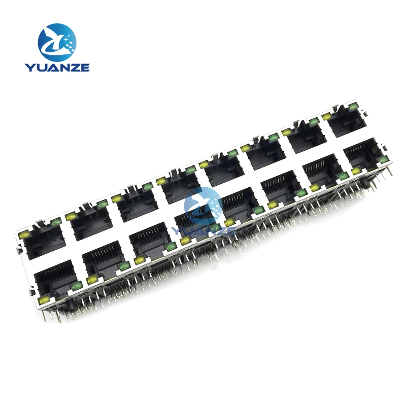 RJ45 2x8 2*8 Stacked 16Ports Lighted Shielded Modular PCB Double Layer Jack 8P8C Right Angle Through Hole Network Connector Side