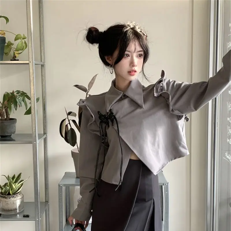Flying Sleeves Shirts Women Chinese Knot Irregular Sweet Girls Solid Short Loose Design Office Chinese Style All-match Gentle