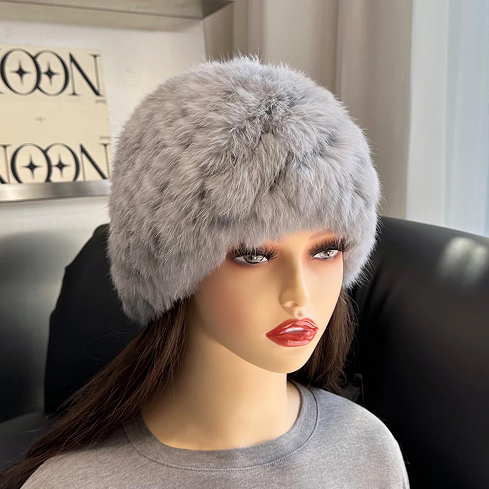 Women Winter Warm Real Rabbit Fur Hat Snow Cap Winter Hats for Women Girls Real Fur Knit Skullies Beanies Natural Fluffy Hat