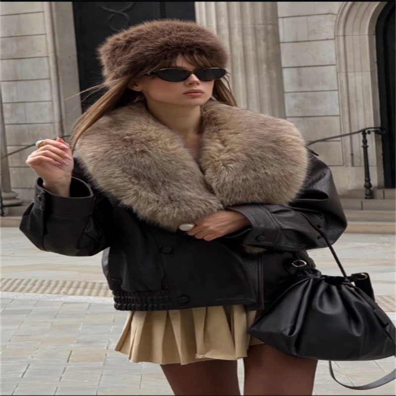 2026 New Women’s Loose Faux Leather Jacket with Fashionable Removable Big Fur Collar, Casual Warm Double-Breasted Top for Ladies