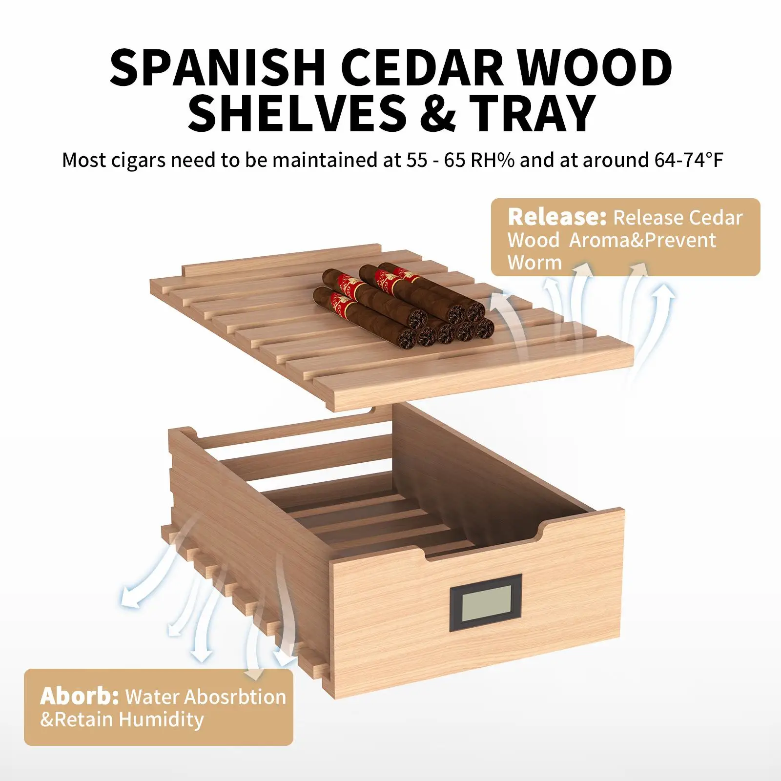 Imagem -06 - Needone-charuto Elétrico Humidor Arrefecimento e Aquecimento Controle de Temperatura Espanhol Cedro Madeira Prateleiras Higrômetro 48l 300 Contagens