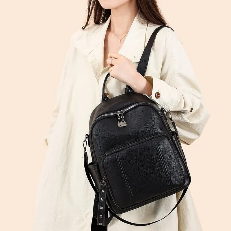 Women Brown Leather Backpack With Front Zipper Pocket Convertible Wide Strap Waterproof Daily Commuter Shoulder Bag
