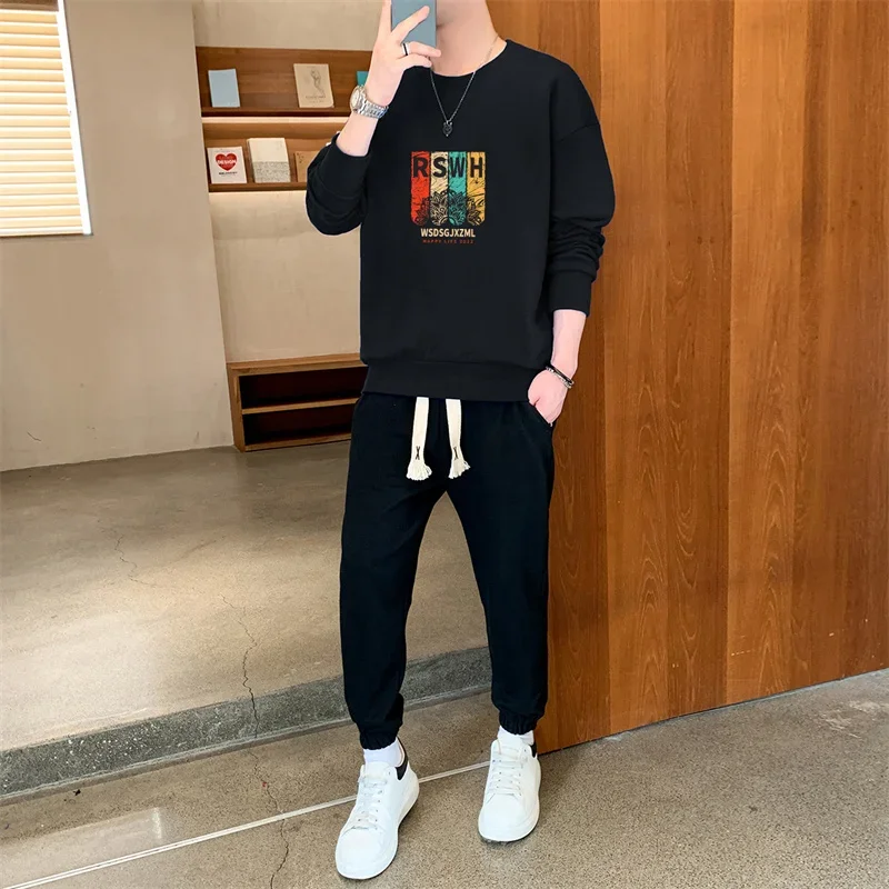 New Spring Autumn Tops Pant Sweatshirt Sweatpants Sweater 2pcs Set Men Clothing Round Neck T-Shirt Pullover Underlay Shirt Suit