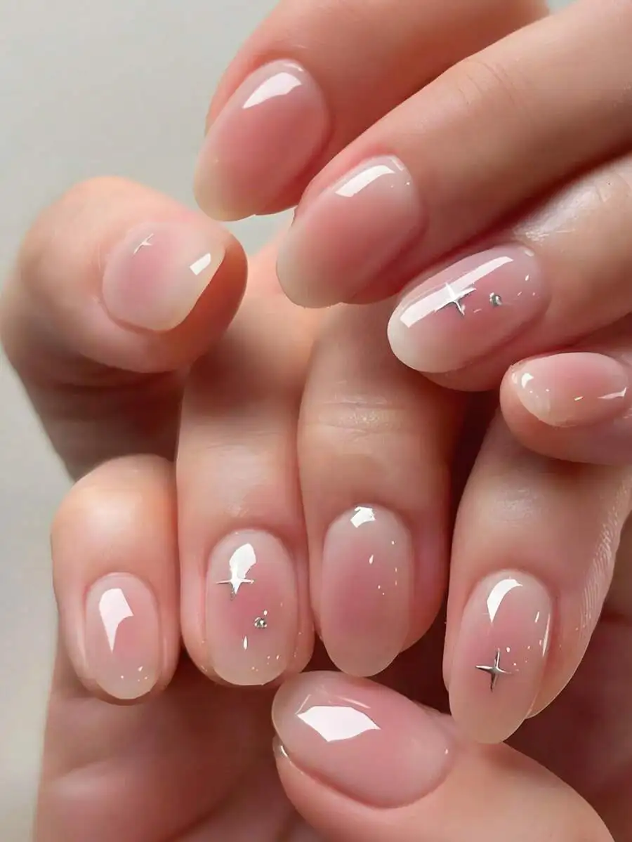 

24pcs Medium Oval Gradient Nail Stickers, Blushing Pink Starry Design, Glossy Full Coverage, Fashionable & Sweet Style, Suitable