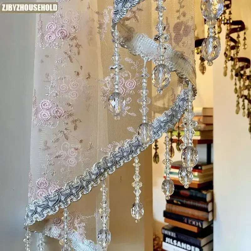 

Villa Decoration Tulle Curtains for Living Room Retro Beautiful Pink Embroidered Lace Short Gauze Curtain Arched Door Yarn Sheer
