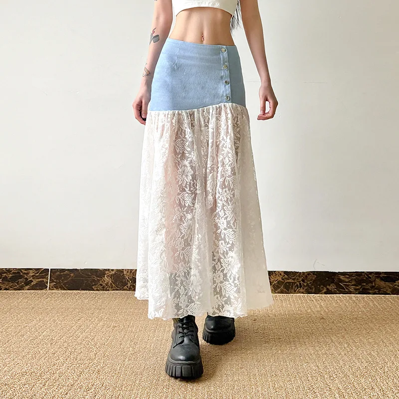 

Summer perspective seaside vacation denim contrasting lace women's long skirt