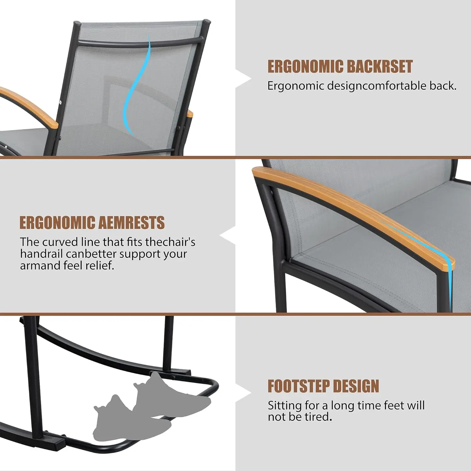 3 Piece Outdoor Rocking Bistro Set, Textilene Fabric Small Patio Furniture Set, Front Porch Rocker Chairs Conversation Set with