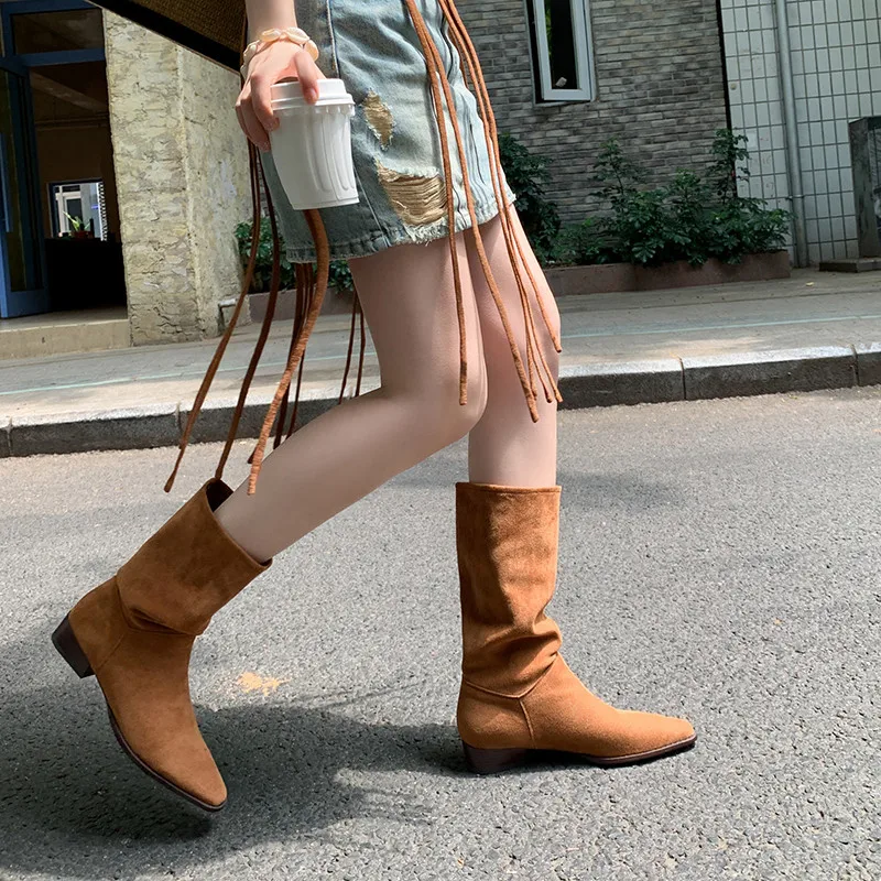 MKKHOU Fashion Knee Length Women Boots New High Quality Frosted Leather Pointed Pleated Low Heel Long Boots Four Seasons Boots