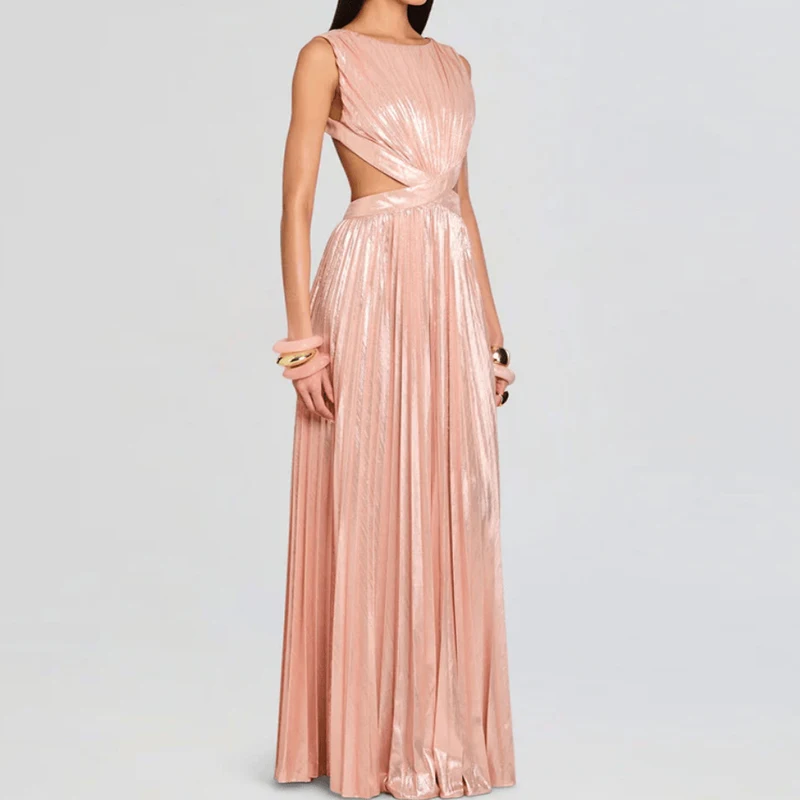 Sexy Hollow Out Backless Swing Beach Dress Spring Summer Sleeveless Solid Party Dress Women O-neck High Waist Pleated Long Dress