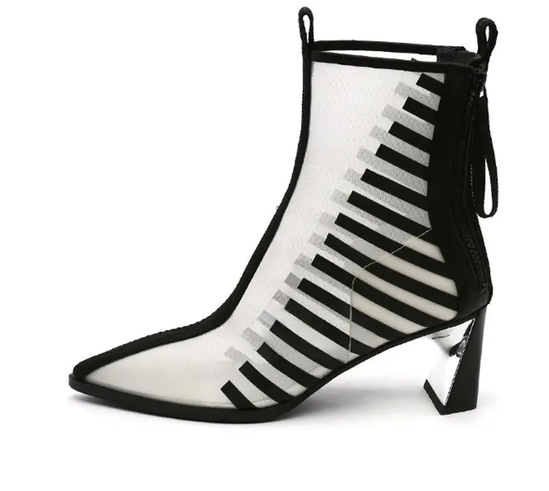 

Pointed Toe Women Summer Boots White Mixed Black Mesh Chelsea Booties Fashion Short Botines Mujer Spring High Heels Sandalias